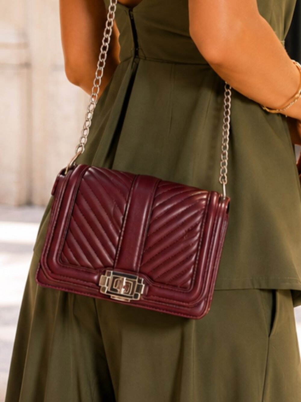 Rebecca Minkoff Small Love Crossbody Bag Chevron Quilted Burgundy Leather Silver